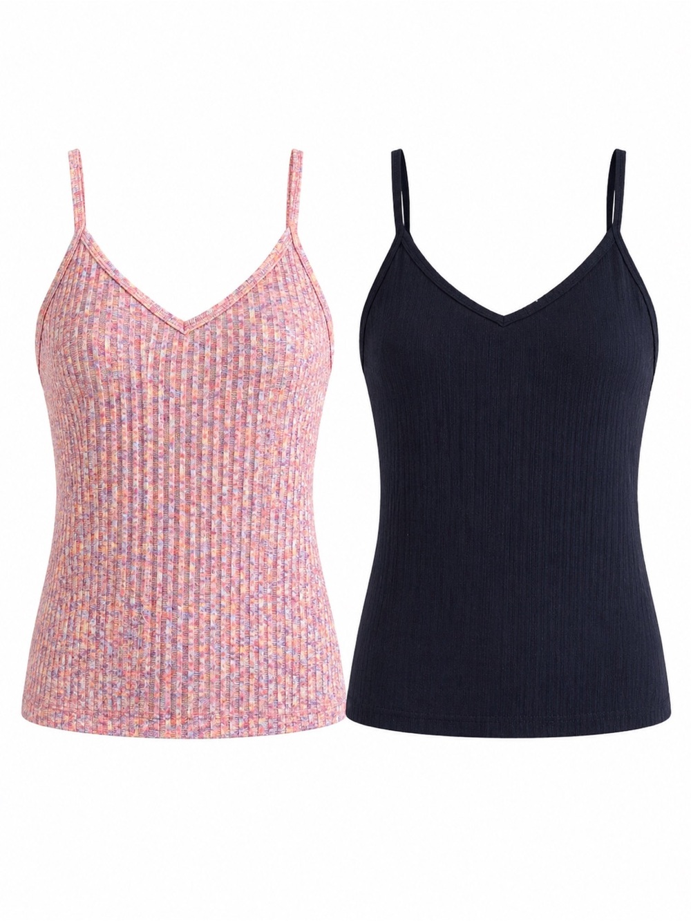 SO Ribbed V-Neck Tank Bundle M Pink/Orange, & Black Spaghetti Strap Stretch Cami